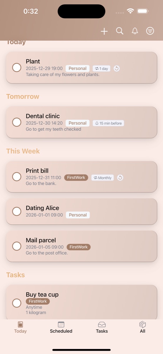 Cherry Tempo: reminders grouped into Today, Tomorrow and This Week