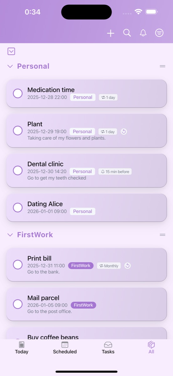 Cherry Tempo: reminders grouped by list, with a shared work list
