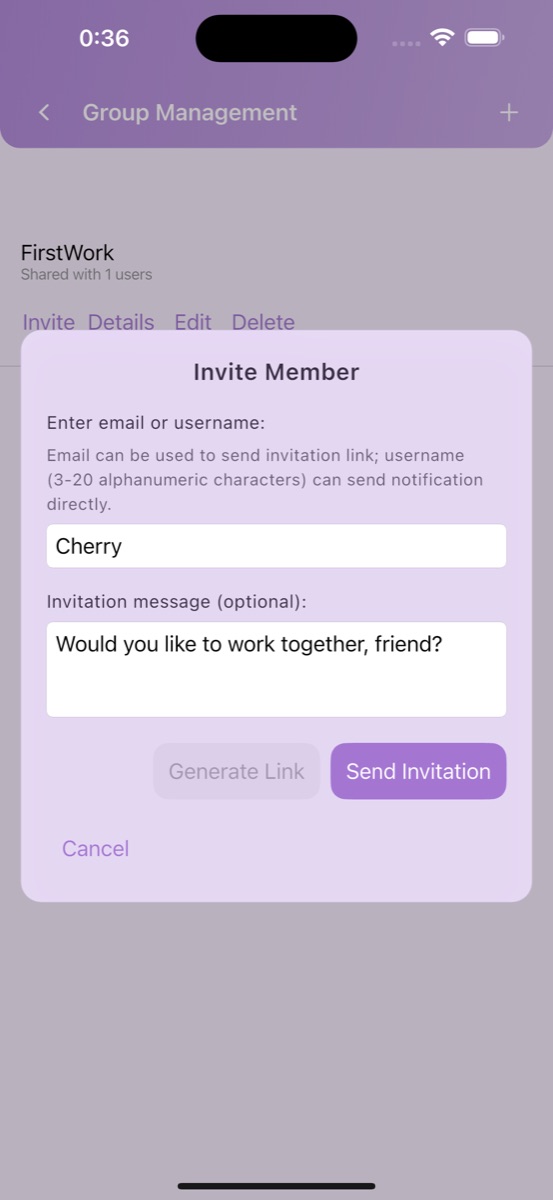 Cherry Tempo: inviting a member to a shared list