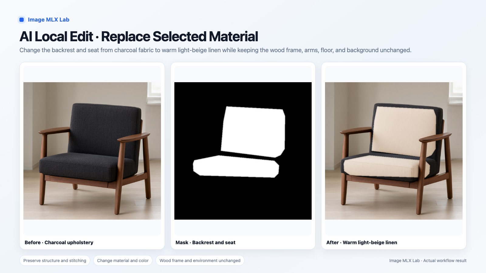 Before, mask and after: an armchair with charcoal cushions; the mask covers backrest and seat; after the edit they are light beige linen.