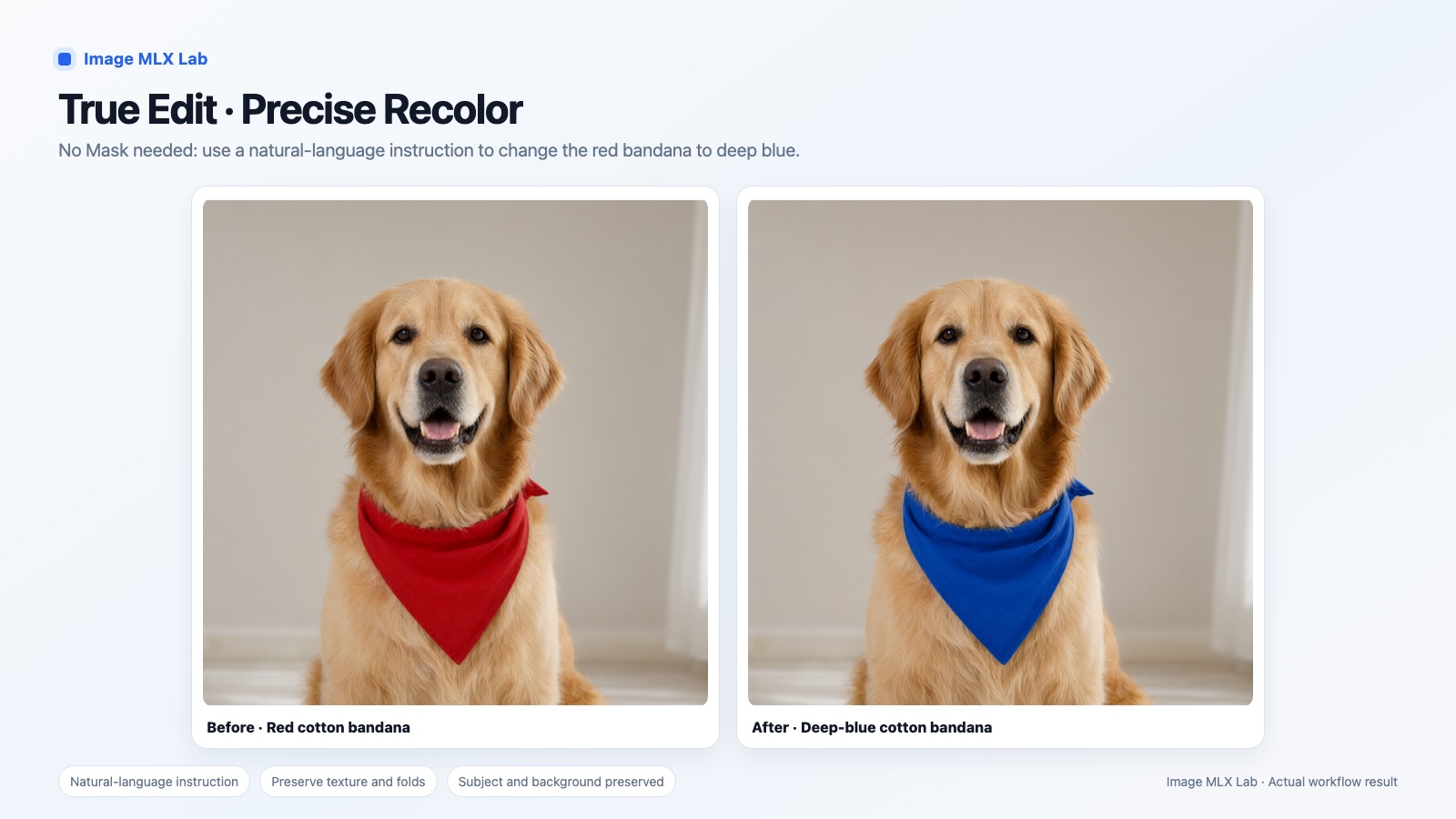 Before and after: a golden retriever wearing a red bandana, then the same dog with a deep blue bandana.