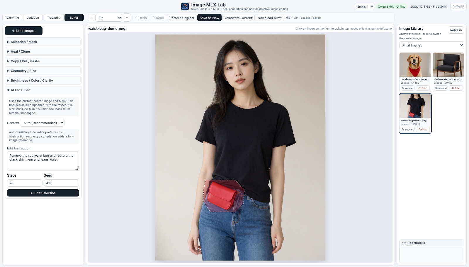 The Image MLX Lab workbench: editing tools on the left, a photo with a lasso selection around a red waist bag in the centre, the image library on the right.