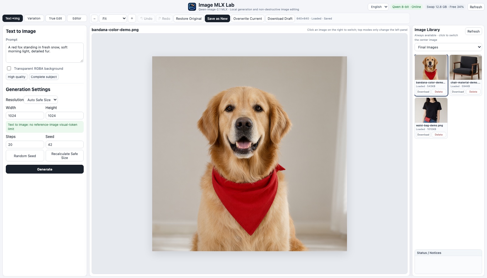 The workbench in English, text to image mode: prompt and generation settings on the left, a golden retriever in the centre, the image library on the right.