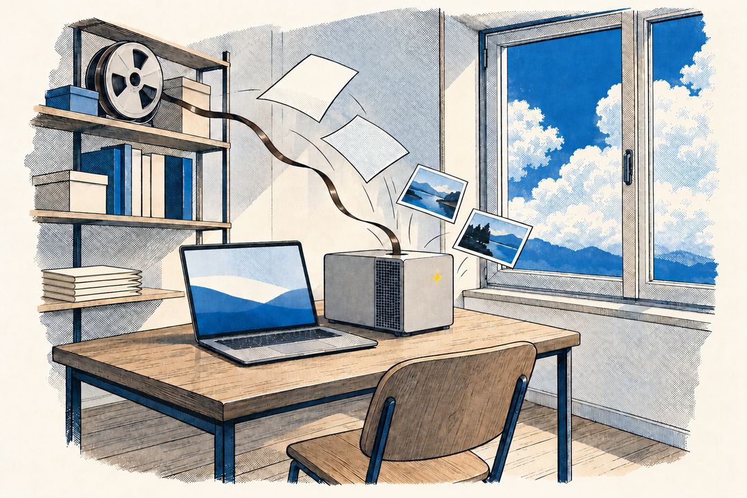 Illustration: a laptop and a small workstation on a desk in a quiet room; papers, photos and a strip of audio tape drift from the shelf into the computers, while clouds pass outside the closed window