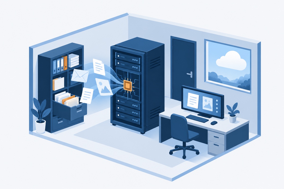 Illustration: files move from a cabinet into a server inside a closed room, while a cloud floats outside the window with nothing connected to it