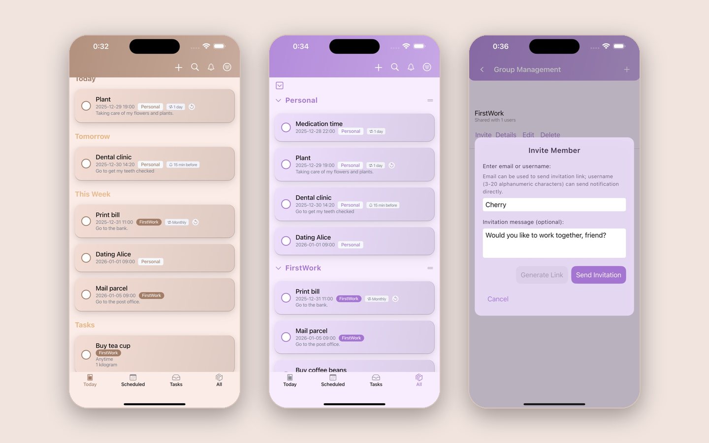 Cherry Tempo: today's reminders, lists grouped by tag, and inviting someone to a shared list