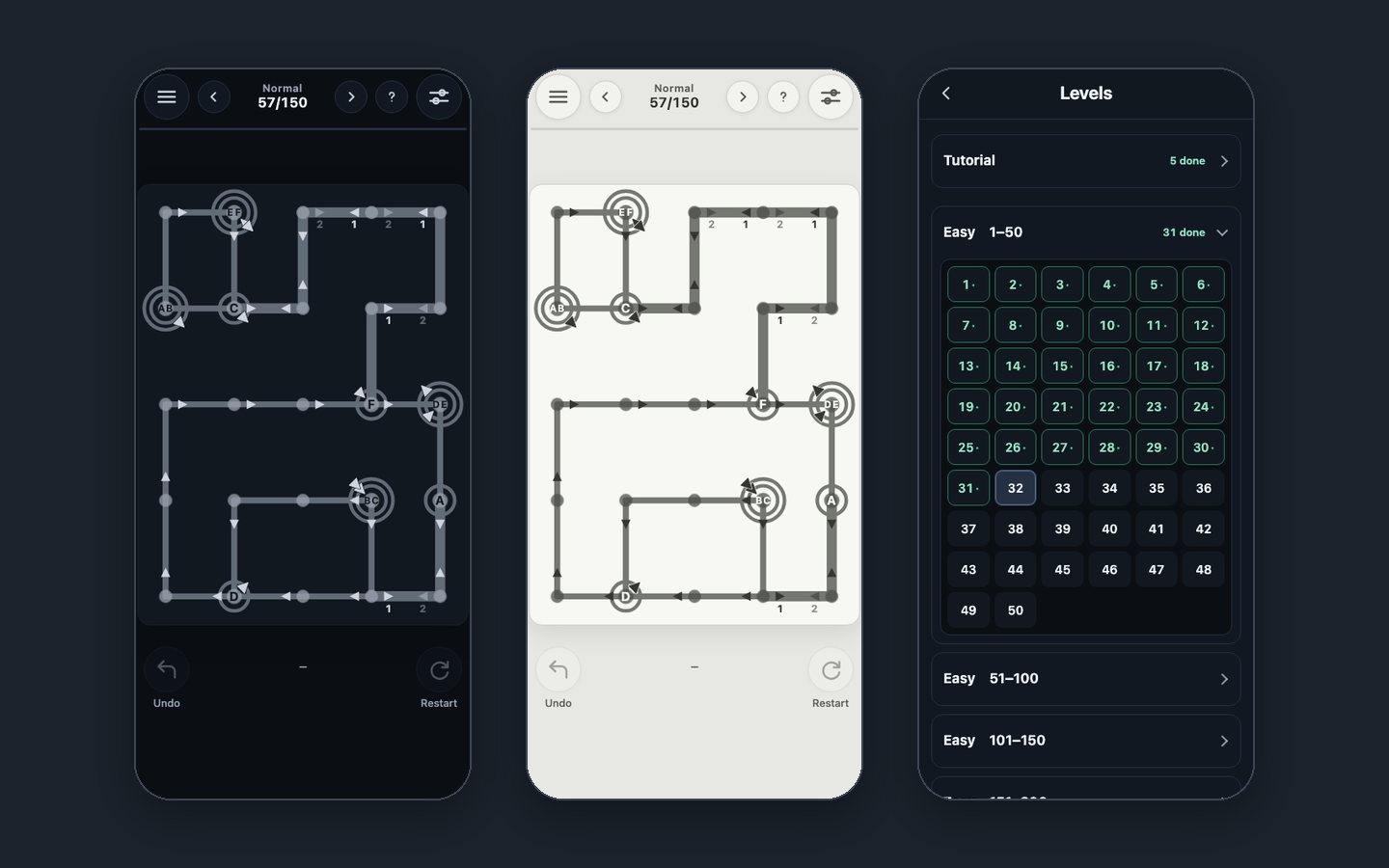 One Line Shift: a puzzle in dark and light mode, and the level list