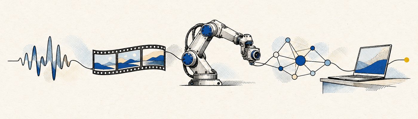 Illustration: one continuous line that turns from a breath-sound waveform into a strip of film, an industrial robot arm with a camera, a network of nodes, and finally a laptop on a desk