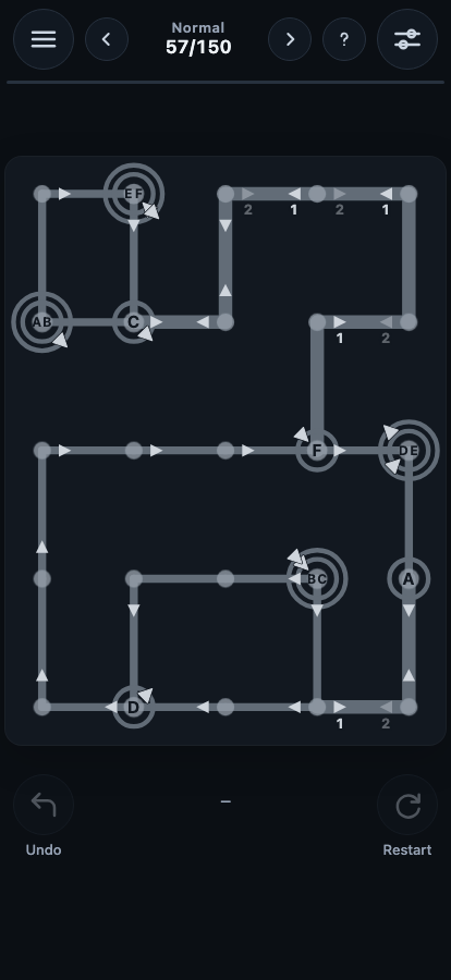 A puzzle board with chained portals, direction arrows and order numbers