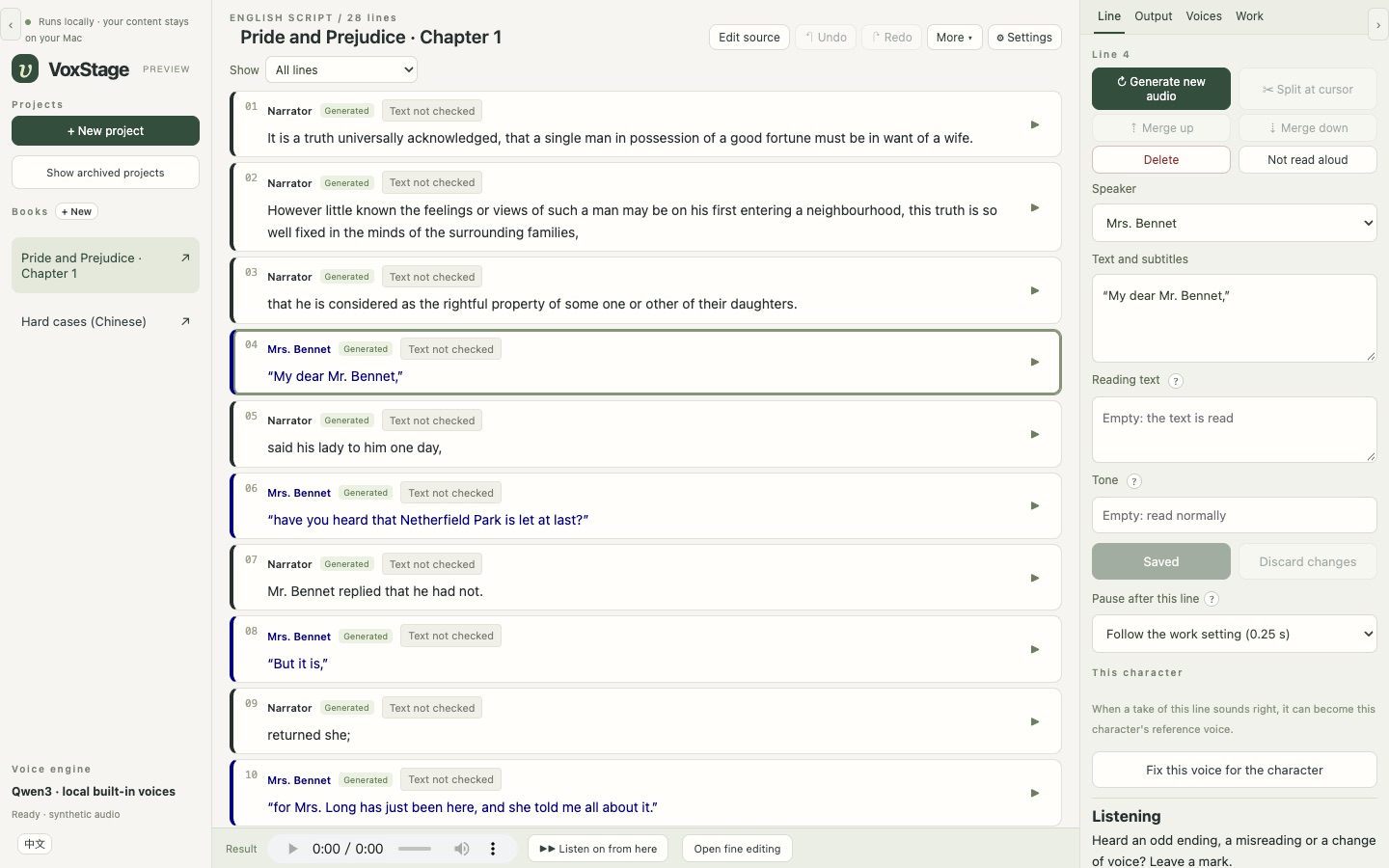 The VoxStage workspace: the chapter's lines with their speakers on the left, the selected line's speaker, text, reading and pause settings on the right.